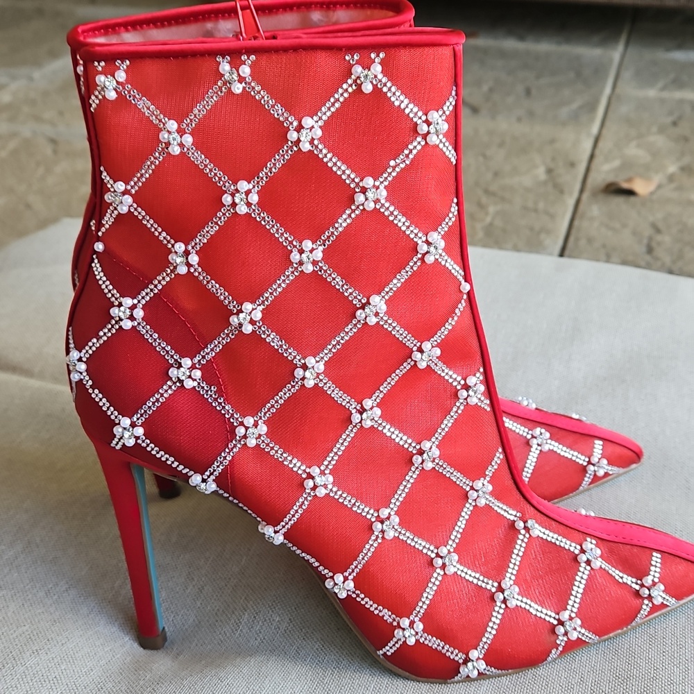 Betsey Johnson Larkk Red Latice Embelished Sheer Mesh Booties- Party Grad